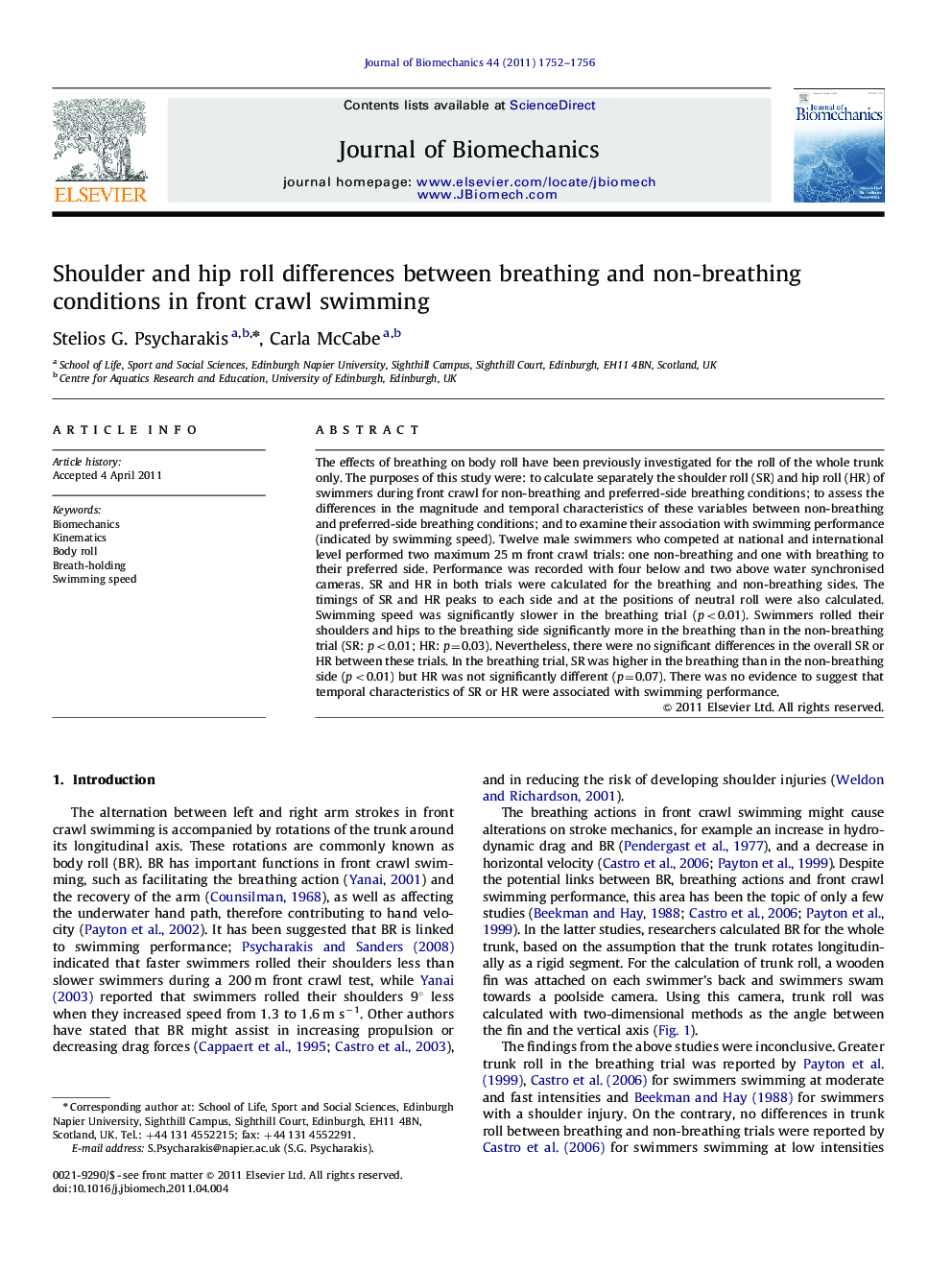 Shoulder and hip roll differences between breathing and non-breathing conditions in front crawl swimming