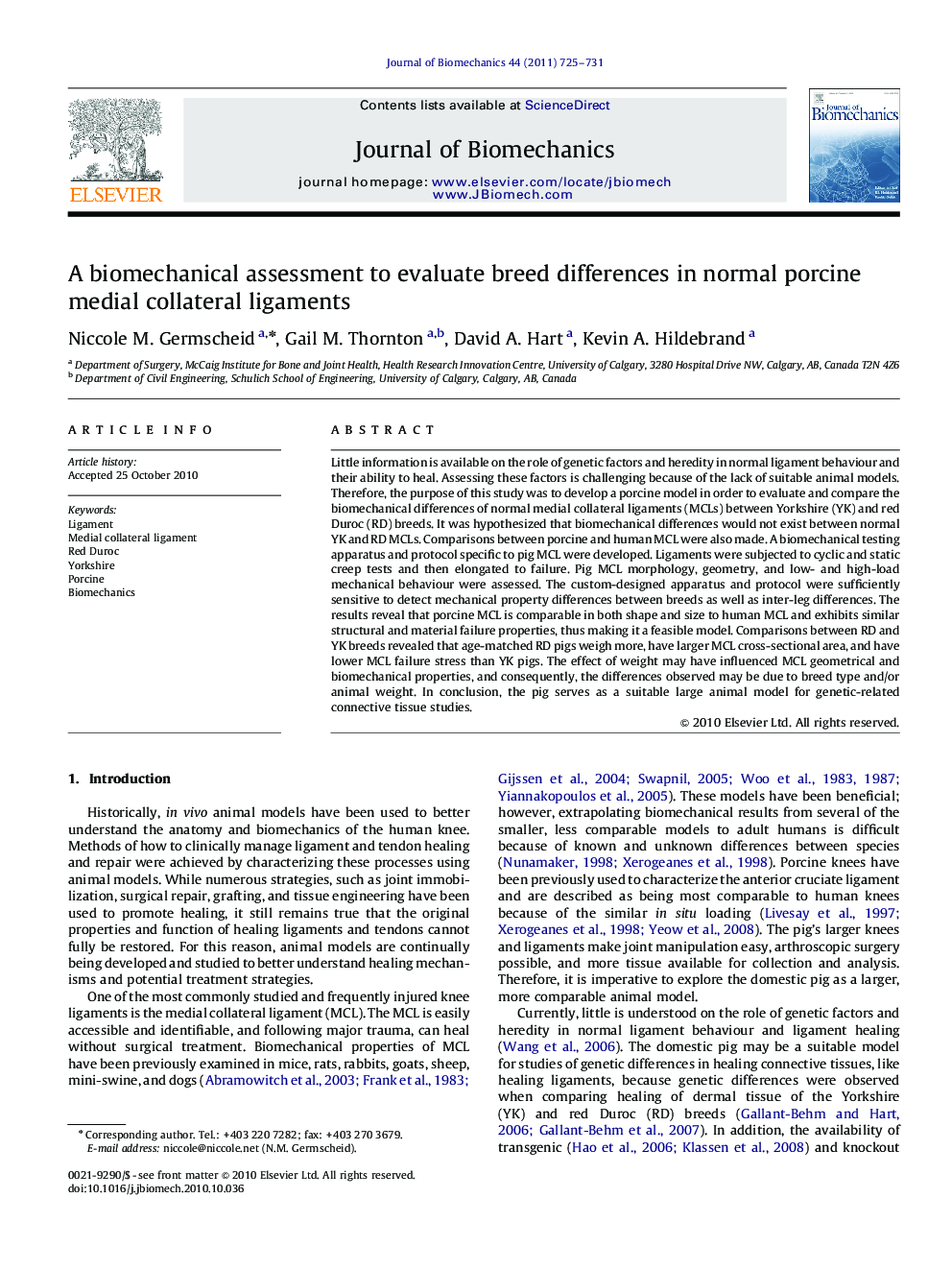 A biomechanical assessment to evaluate breed differences in normal porcine medial collateral ligaments