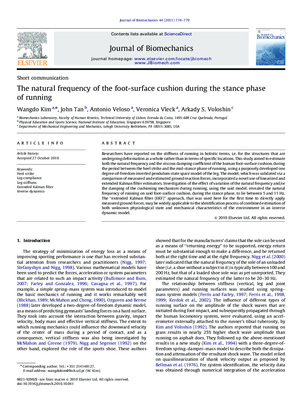 The natural frequency of the foot-surface cushion during the stance phase of running