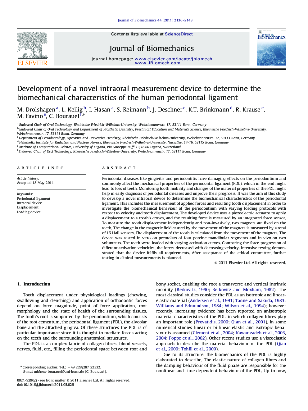 Development of a novel intraoral measurement device to determine the biomechanical characteristics of the human periodontal ligament