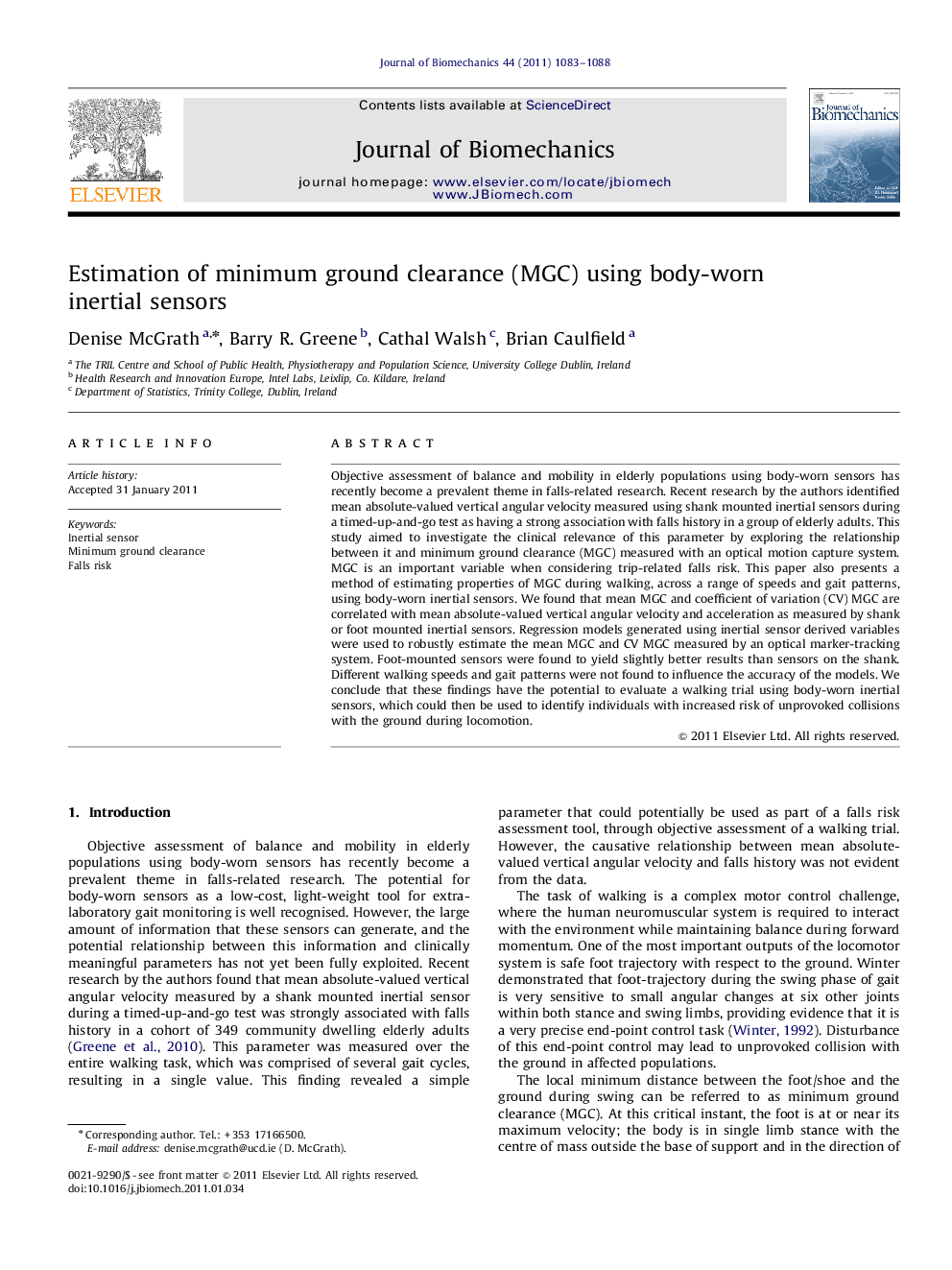 Estimation of minimum ground clearance (MGC) using body-worn inertial sensors