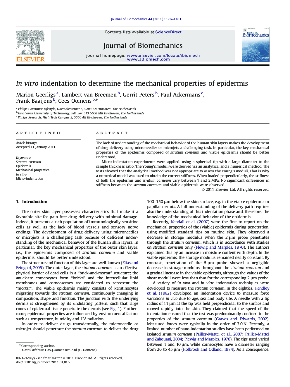 In vitro indentation to determine the mechanical properties of epidermis