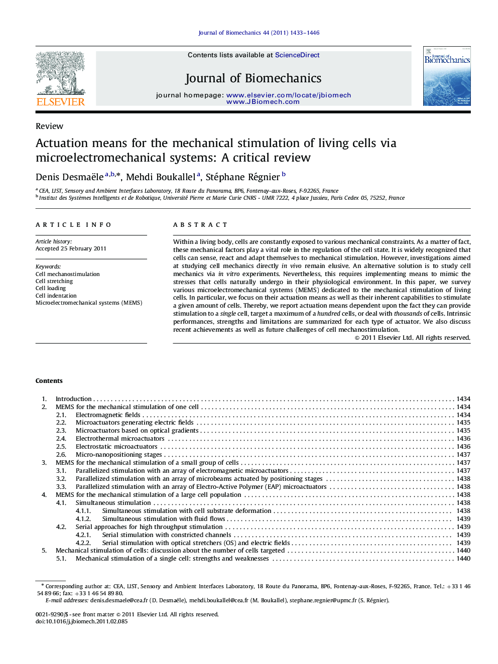 Actuation means for the mechanical stimulation of living cells via microelectromechanical systems: A critical review