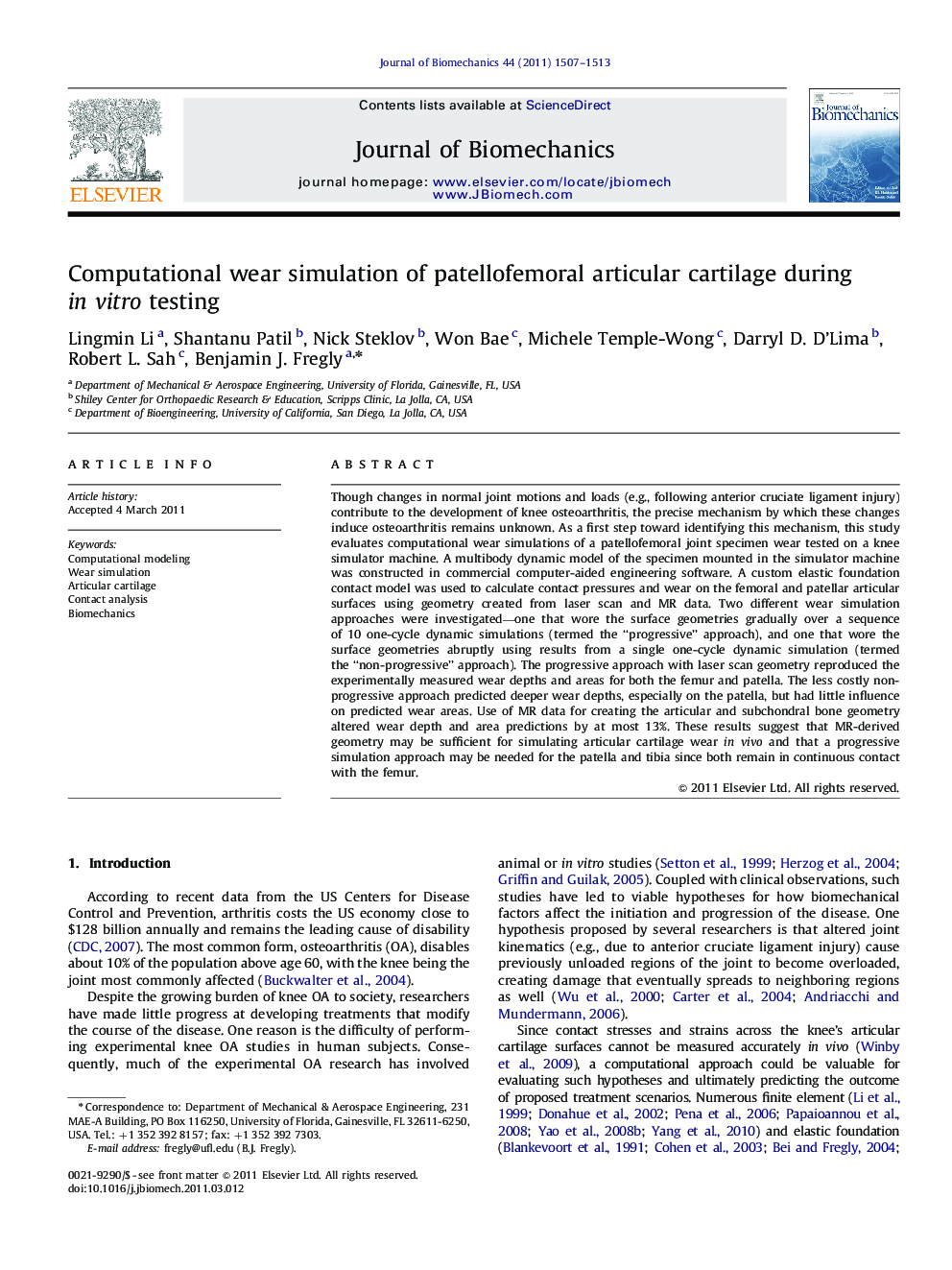 Computational wear simulation of patellofemoral articular cartilage during in vitro testing
