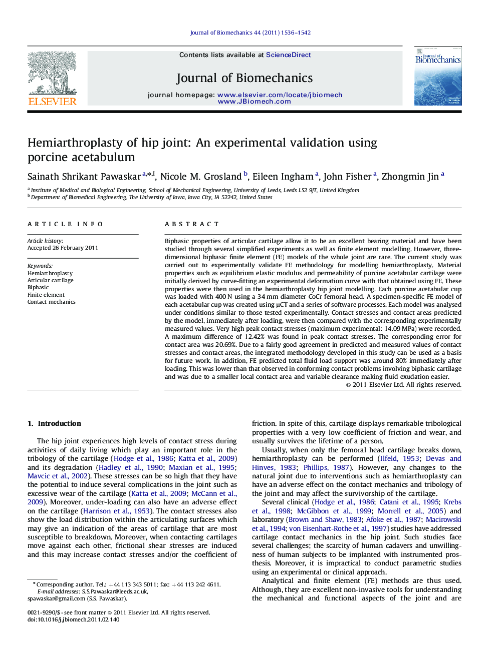 Hemiarthroplasty of hip joint: An experimental validation using porcine acetabulum