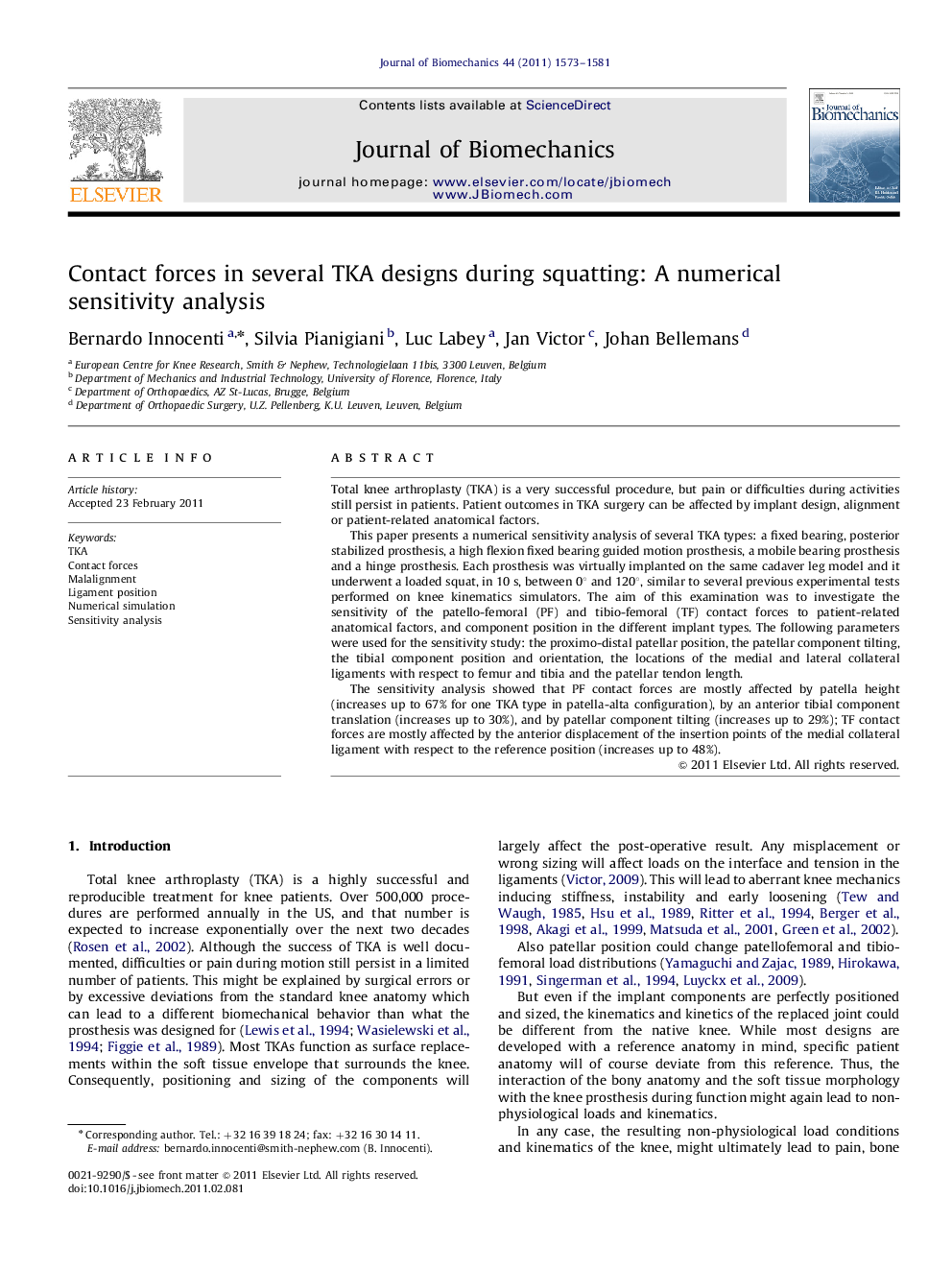 Contact forces in several TKA designs during squatting: A numerical sensitivity analysis