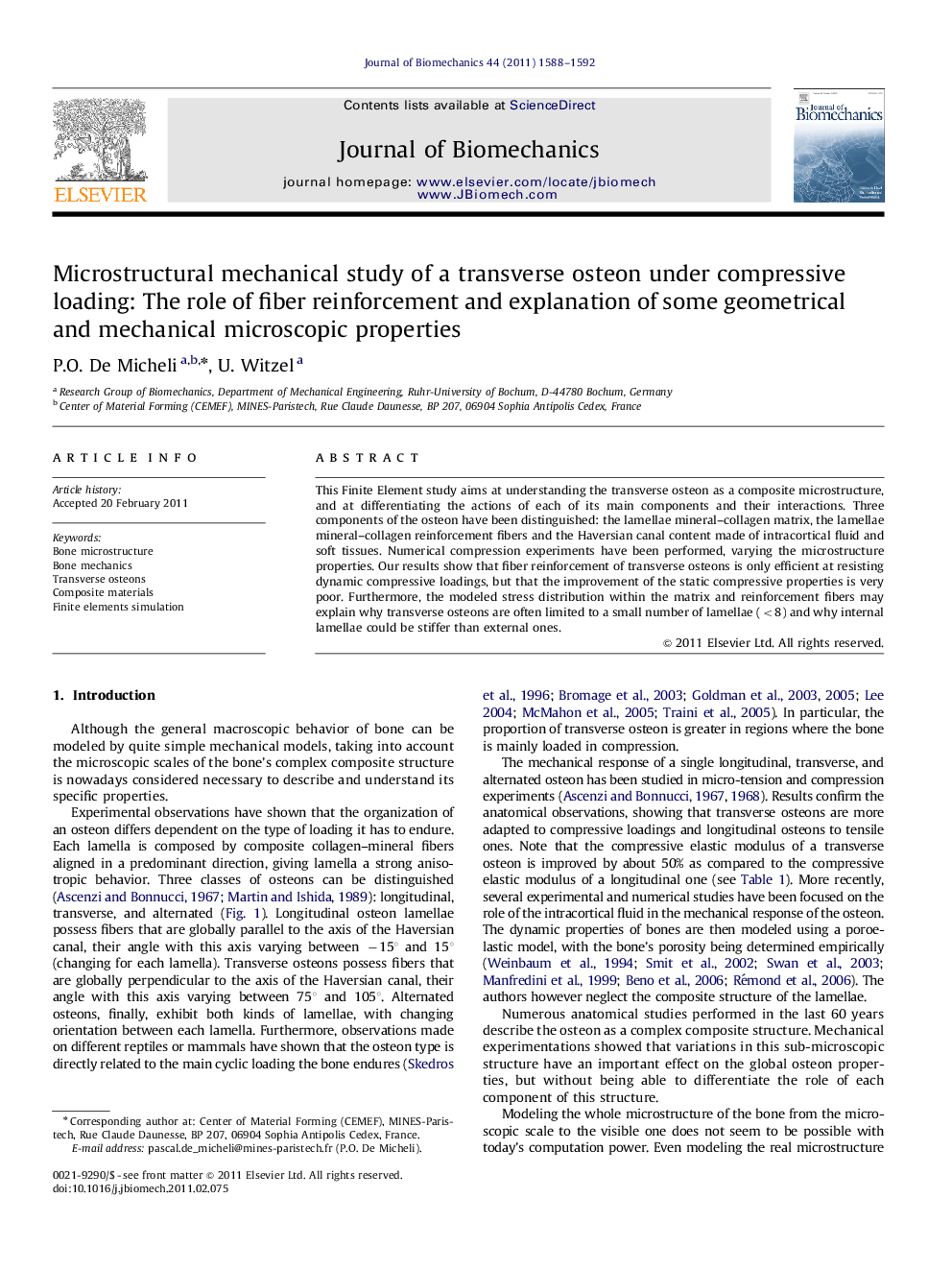 Microstructural mechanical study of a transverse osteon under compressive loading: The role of fiber reinforcement and explanation of some geometrical and mechanical microscopic properties