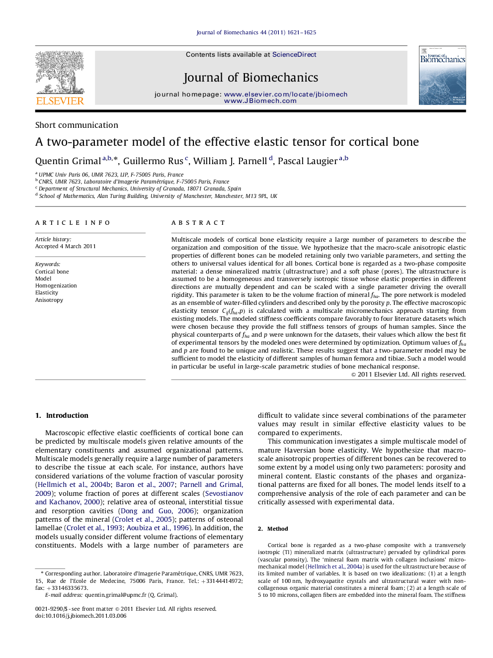 A two-parameter model of the effective elastic tensor for cortical bone