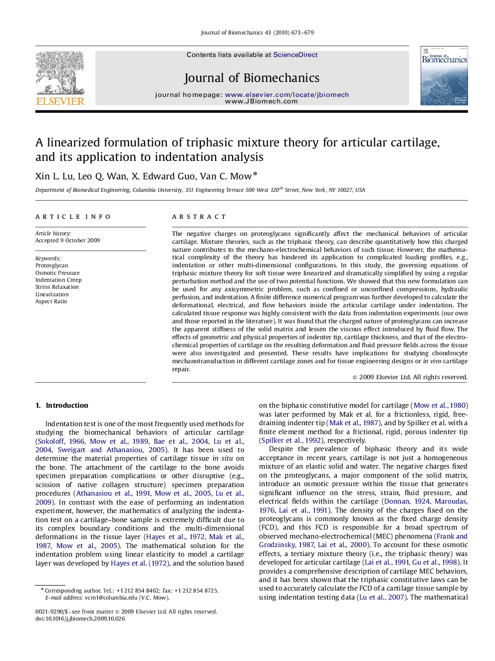 A linearized formulation of triphasic mixture theory for articular cartilage, and its application to indentation analysis