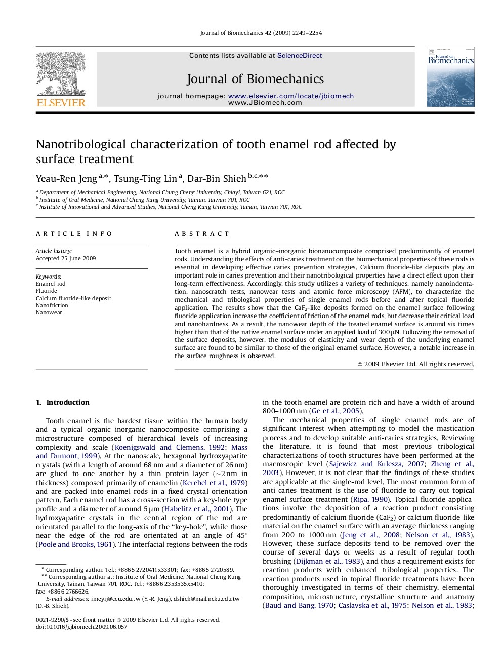 Nanotribological characterization of tooth enamel rod affected by surface treatment