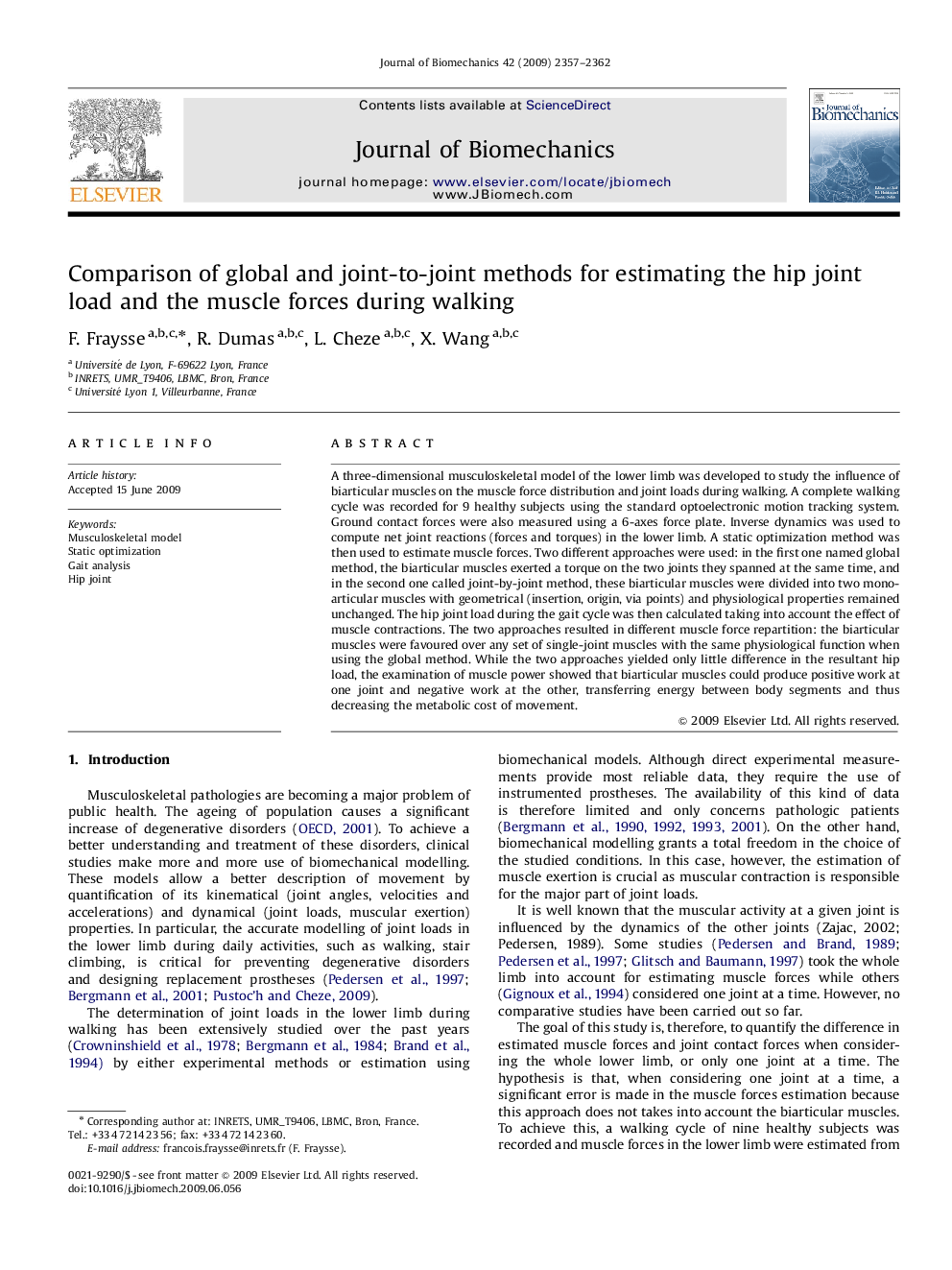 Comparison of global and joint-to-joint methods for estimating the hip joint load and the muscle forces during walking