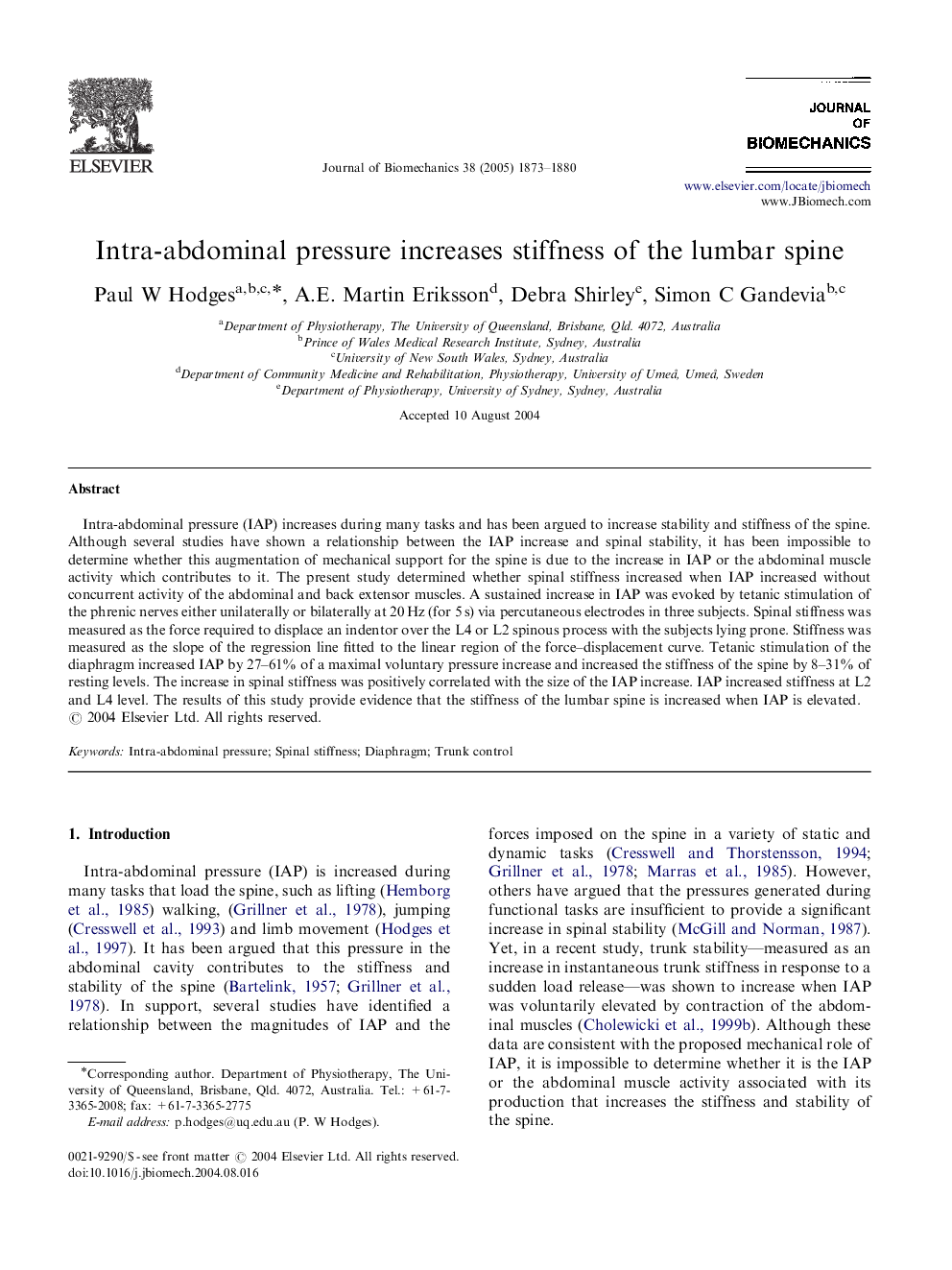 Intra-abdominal pressure increases stiffness of the lumbar spine