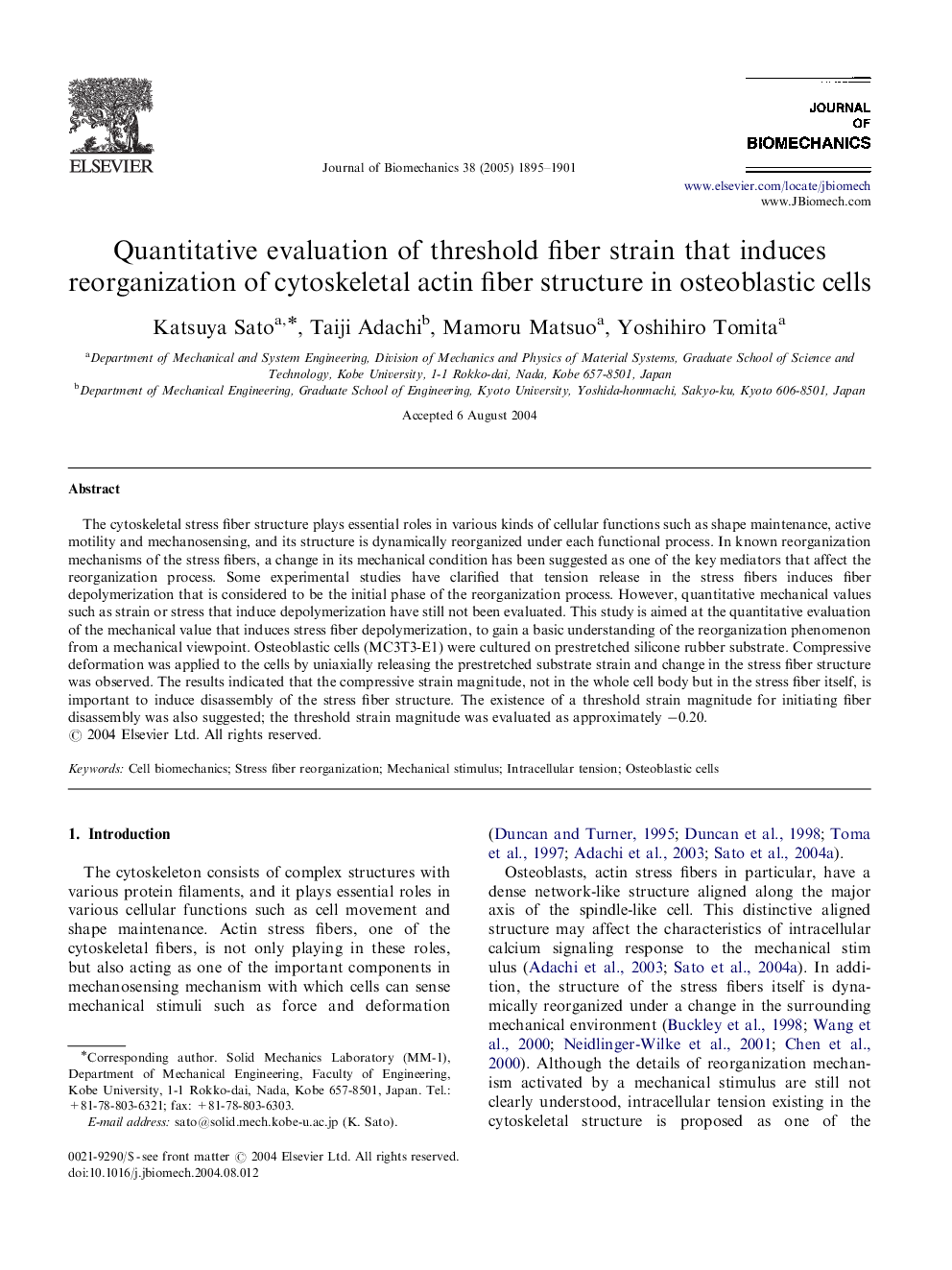 Quantitative evaluation of threshold fiber strain that induces reorganization of cytoskeletal actin fiber structure in osteoblastic cells