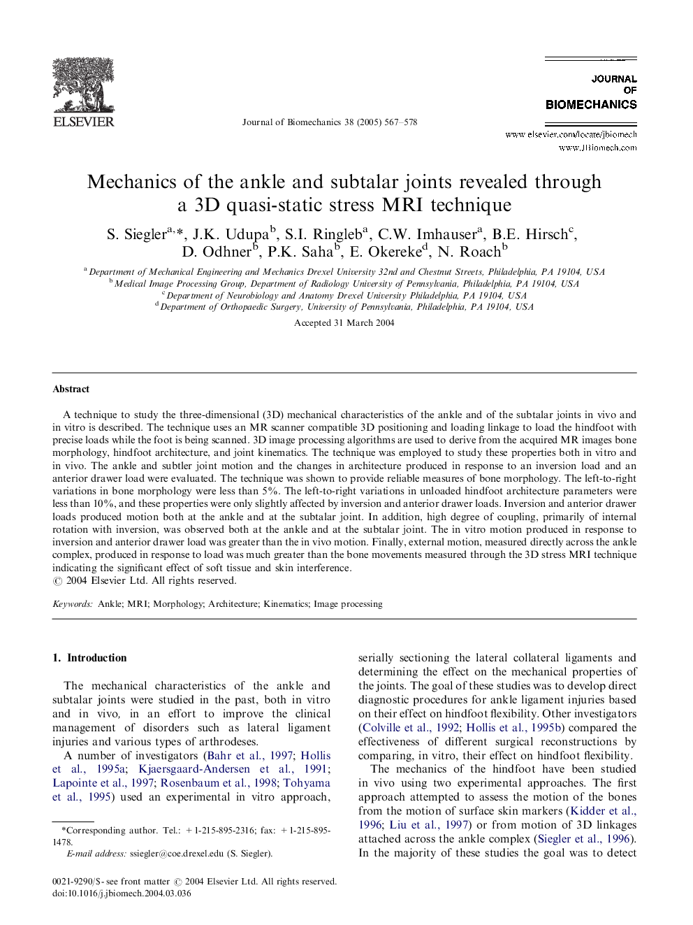 Mechanics of the ankle and subtalar joints revealed through a 3D quasi-static stress MRI technique