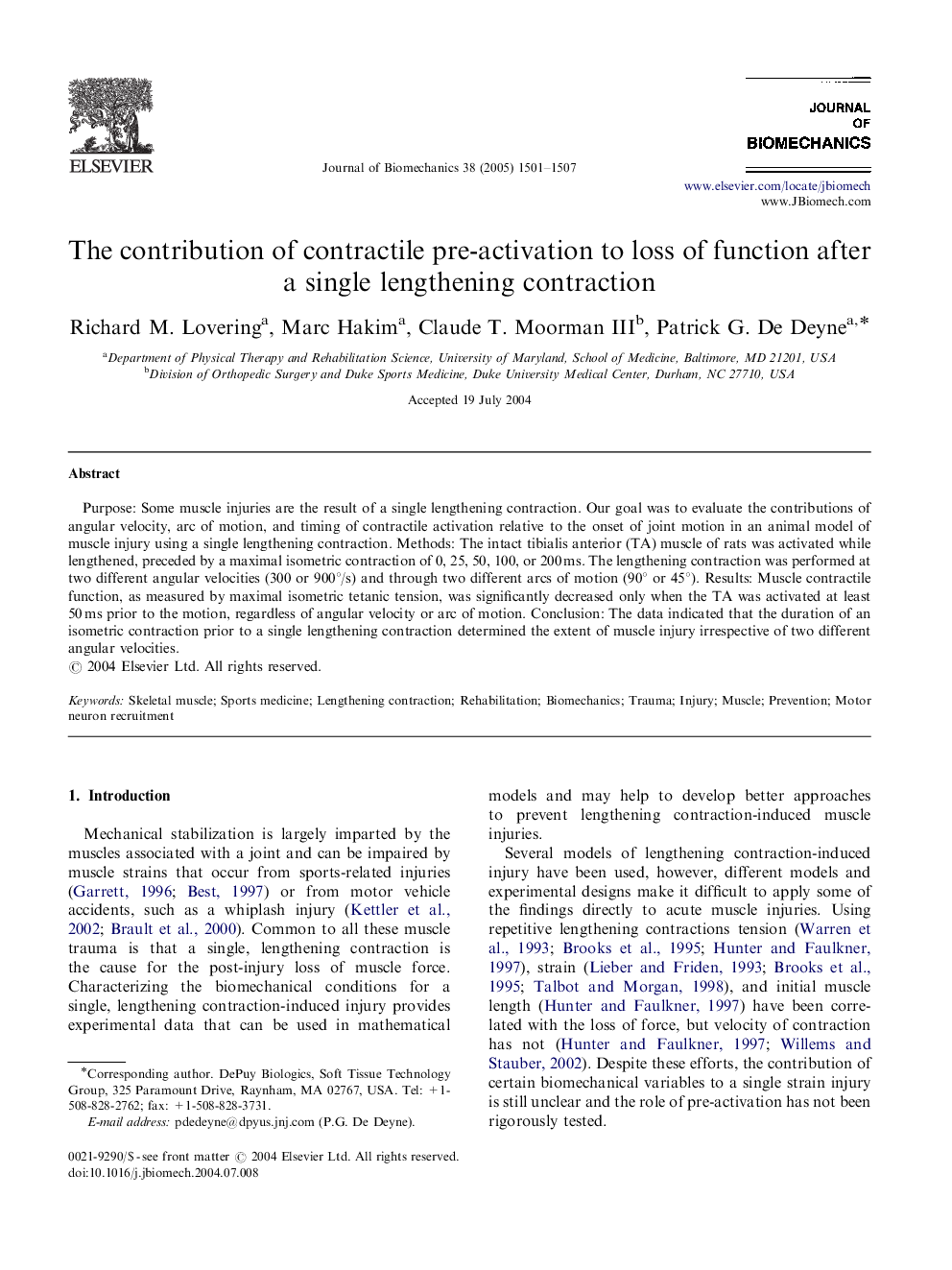 The contribution of contractile pre-activation to loss of function after a single lengthening contraction