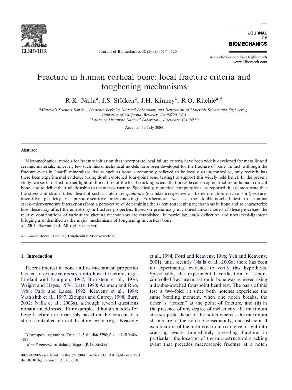 Fracture in human cortical bone: local fracture criteria and toughening mechanisms