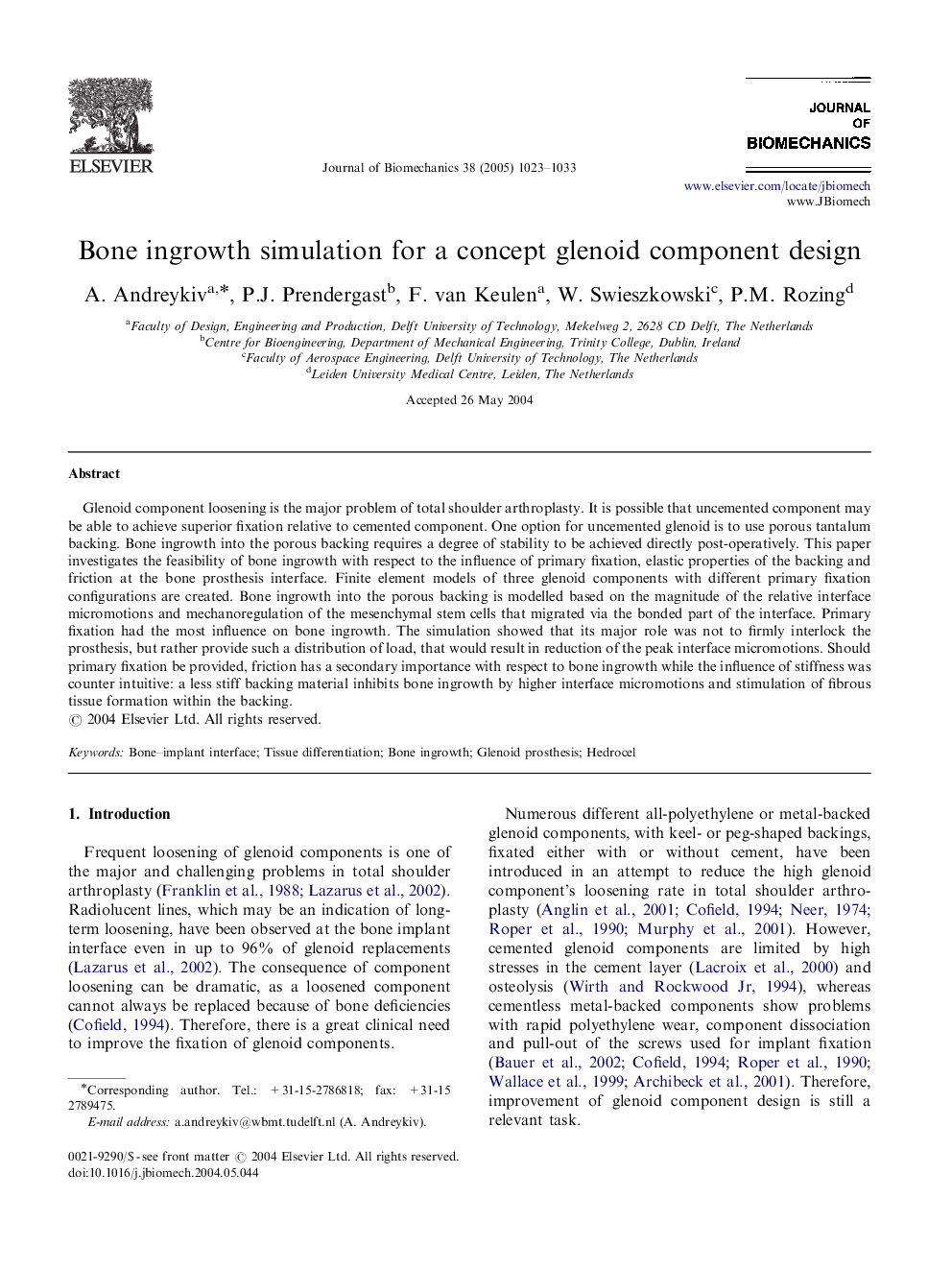 Bone ingrowth simulation for a concept glenoid component design