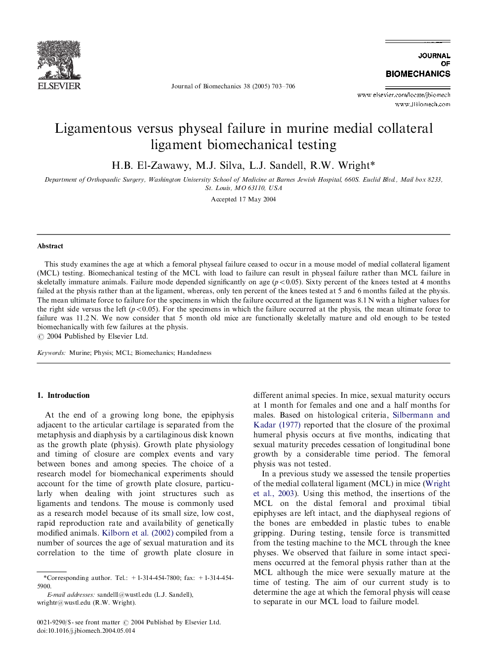 Ligamentous versus physeal failure in murine medial collateral ligament biomechanical testing