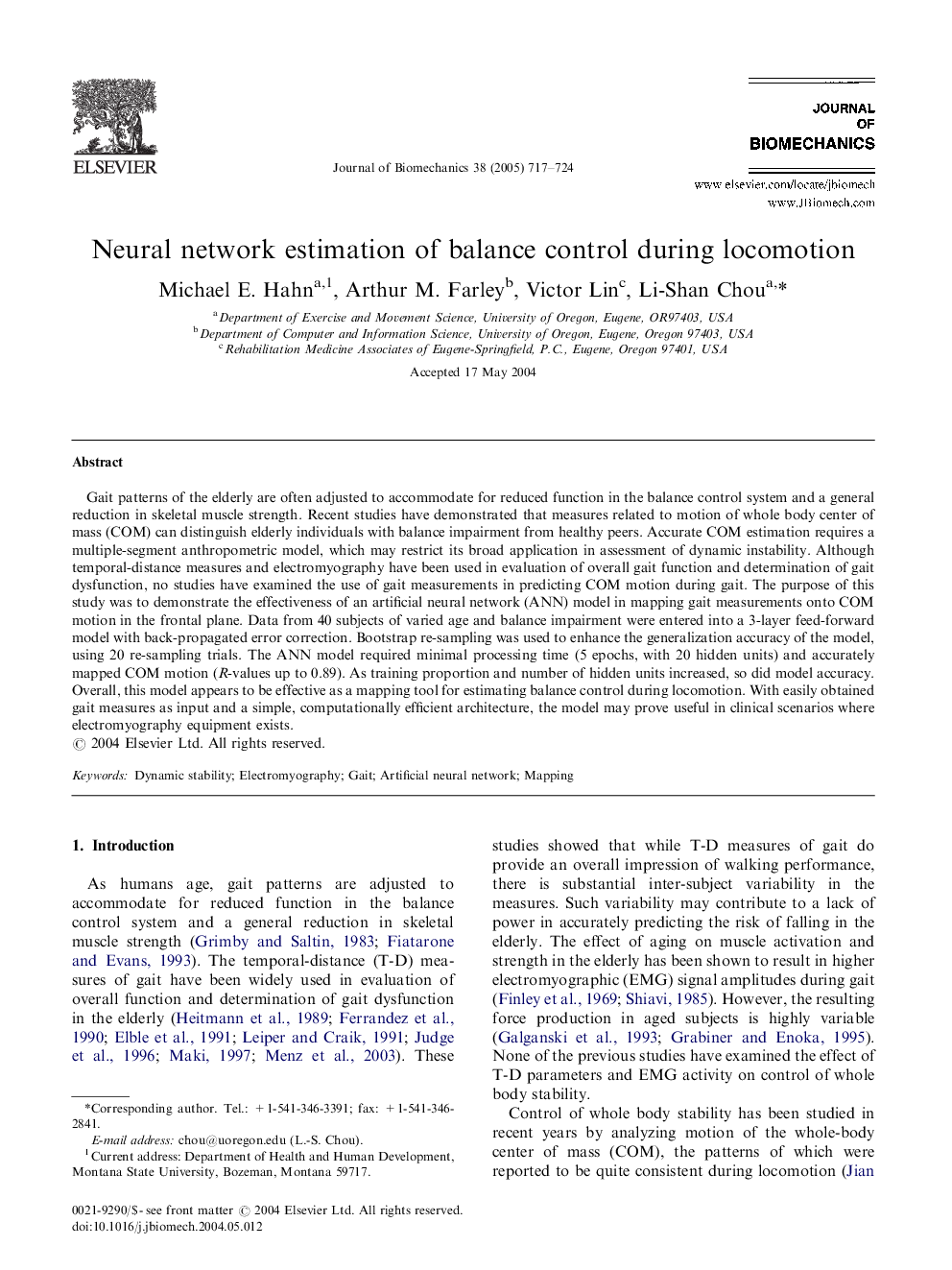 Neural network estimation of balance control during locomotion