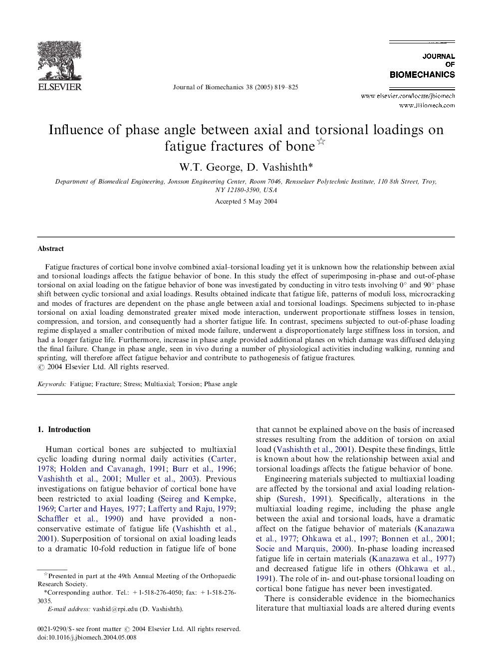 Influence of phase angle between axial and torsional loadings on fatigue fractures of bone