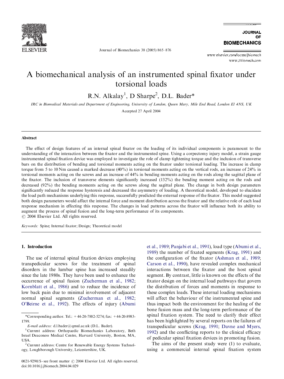 A biomechanical analysis of an instrumented spinal fixator under torsional loads