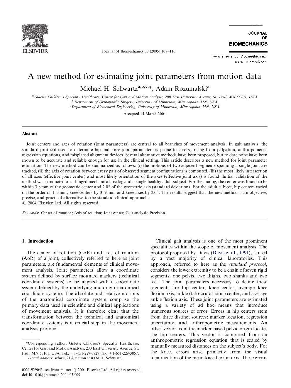 A new method for estimating joint parameters from motion data