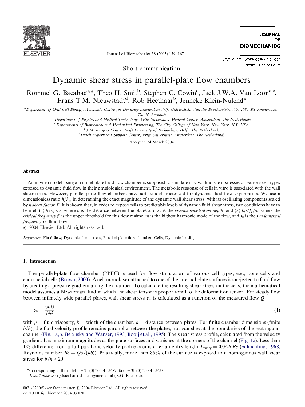 Dynamic shear stress in parallel-plate flow chambers