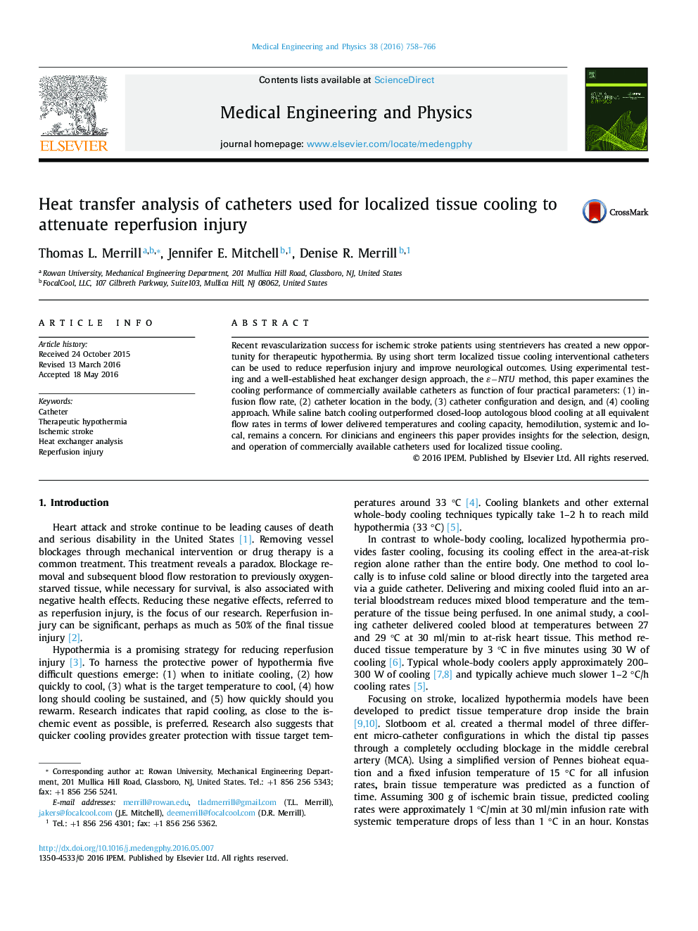 Heat transfer analysis of catheters used for localized tissue cooling to attenuate reperfusion injury