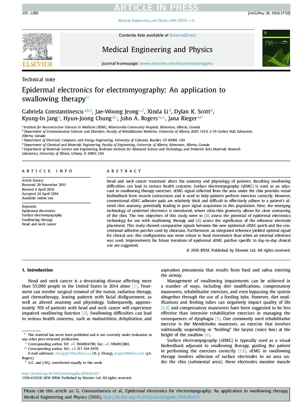 Epidermal electronics for electromyography: An application to swallowing therapy