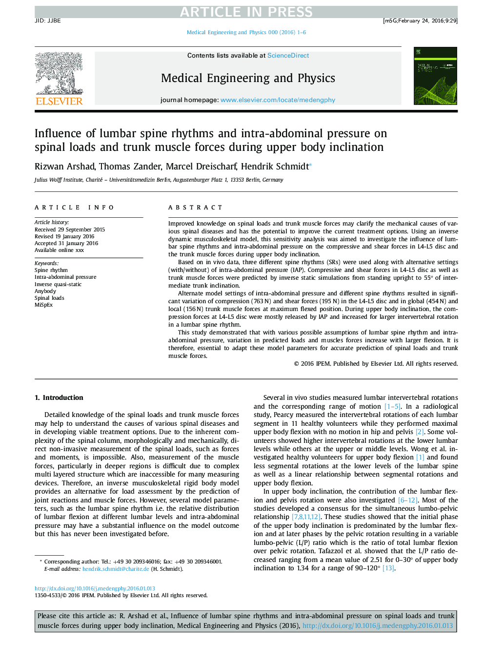 Influence of lumbar spine rhythms and intra-abdominal pressure on spinal loads and trunk muscle forces during upper body inclination