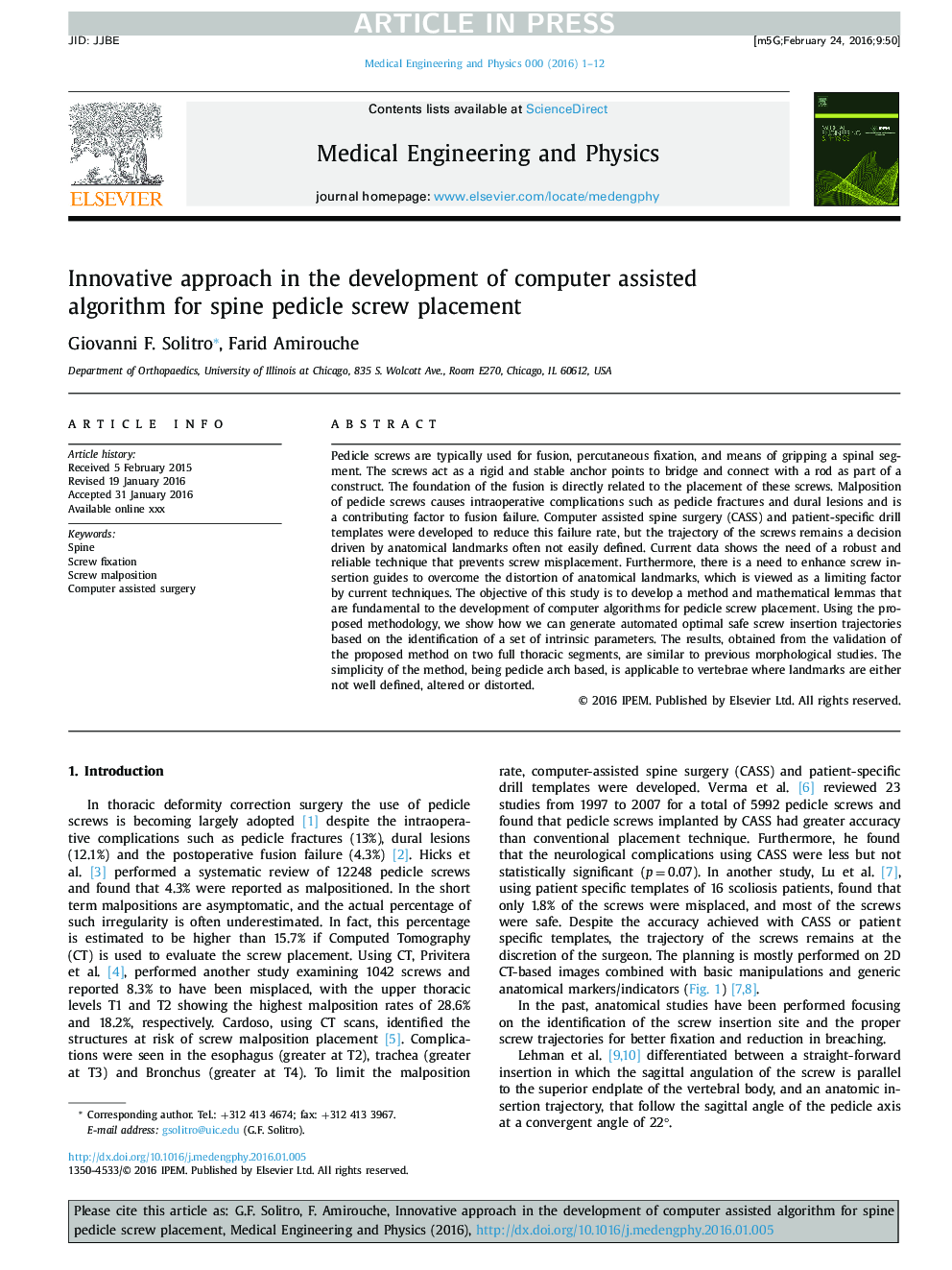 Innovative approach in the development of computer assisted algorithm for spine pedicle screw placement