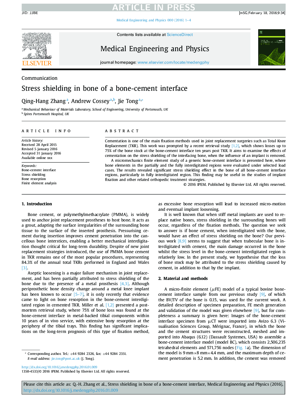 Stress shielding in bone of a bone-cement interface
