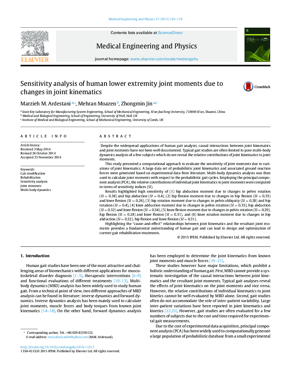 Sensitivity analysis of human lower extremity joint moments due to changes in joint kinematics