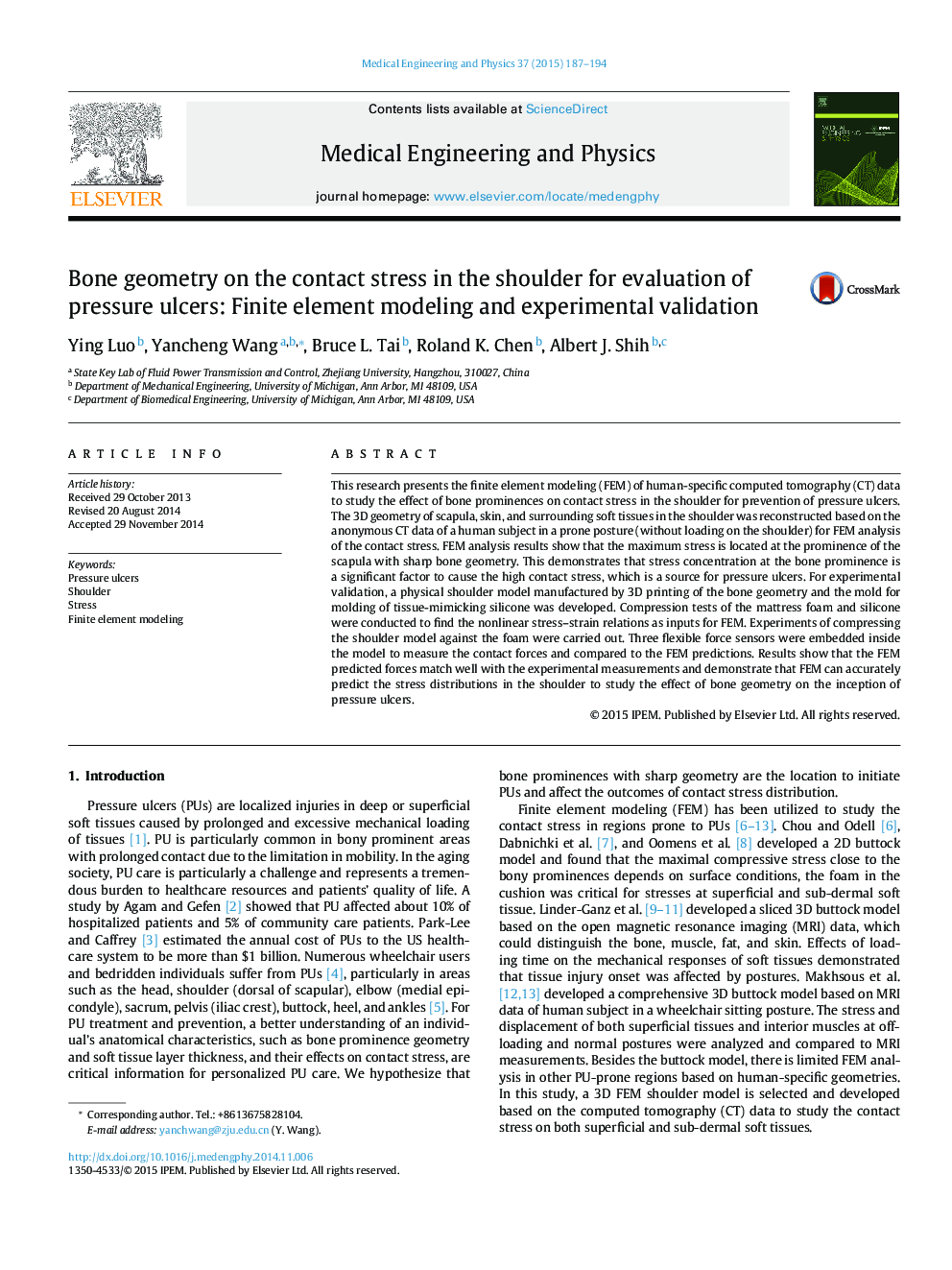 Bone geometry on the contact stress in the shoulder for evaluation of pressure ulcers: Finite element modeling and experimental validation