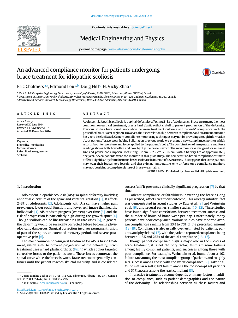 An advanced compliance monitor for patients undergoing brace treatment for idiopathic scoliosis