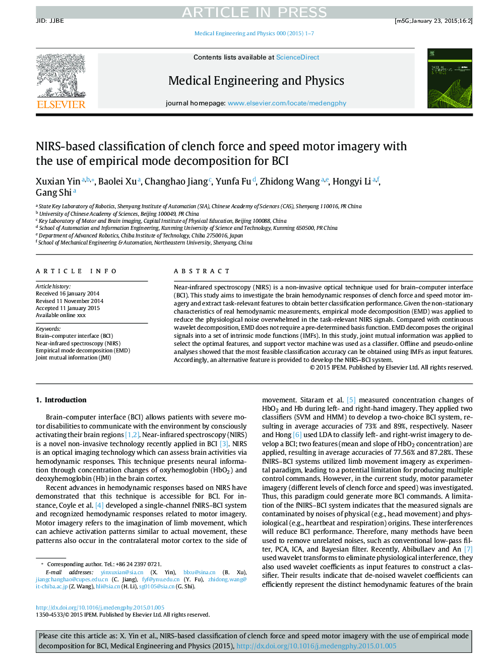 NIRS-based classification of clench force and speed motor imagery with the use of empirical mode decomposition for BCI