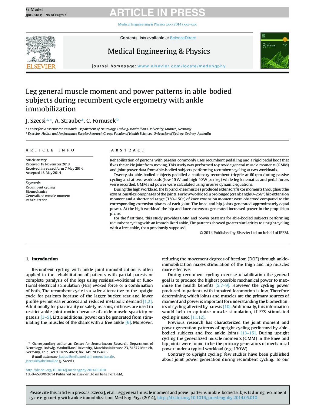 Leg general muscle moment and power patterns in able-bodied subjects during recumbent cycle ergometry with ankle immobilization