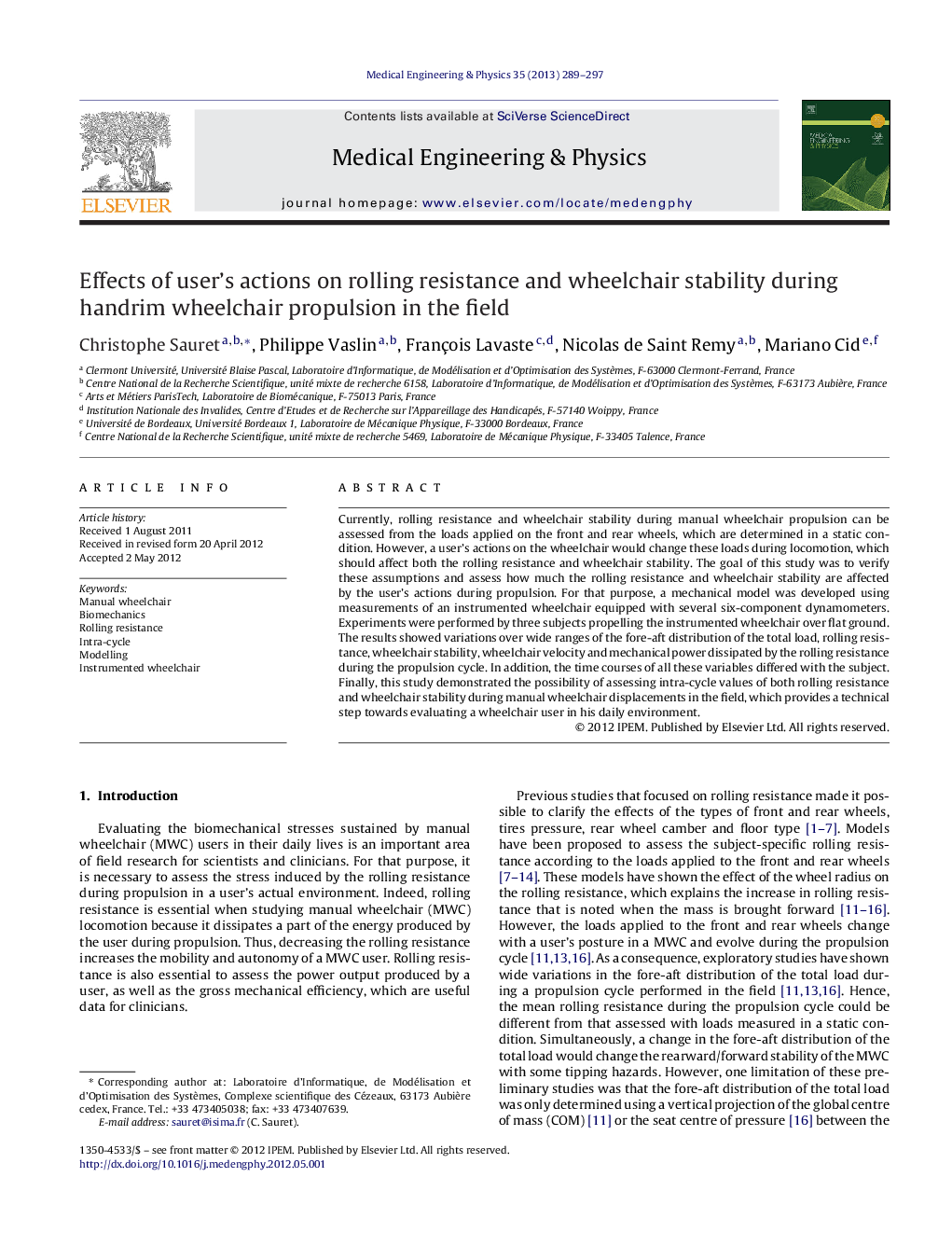 Effects of user's actions on rolling resistance and wheelchair stability during handrim wheelchair propulsion in the field