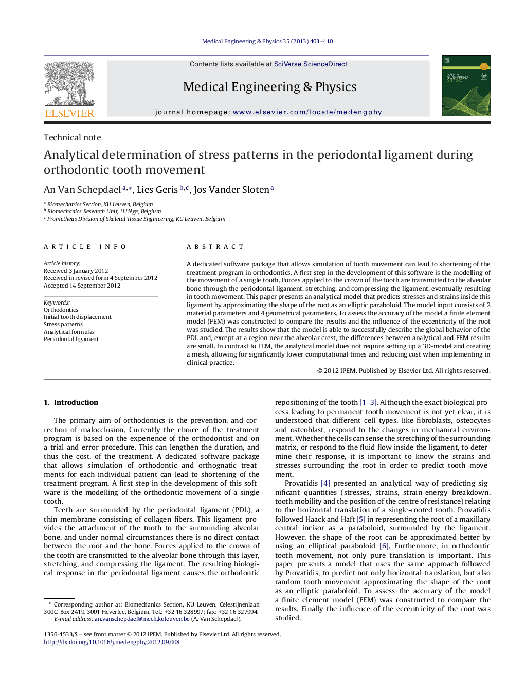 Analytical determination of stress patterns in the periodontal ligament during orthodontic tooth movement