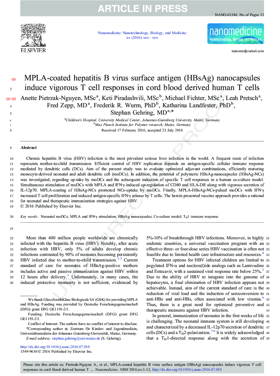 MPLA-coated hepatitis B virus surface antigen (HBsAg) nanocapsules induce vigorous T cell responses in cord blood derived human T cells