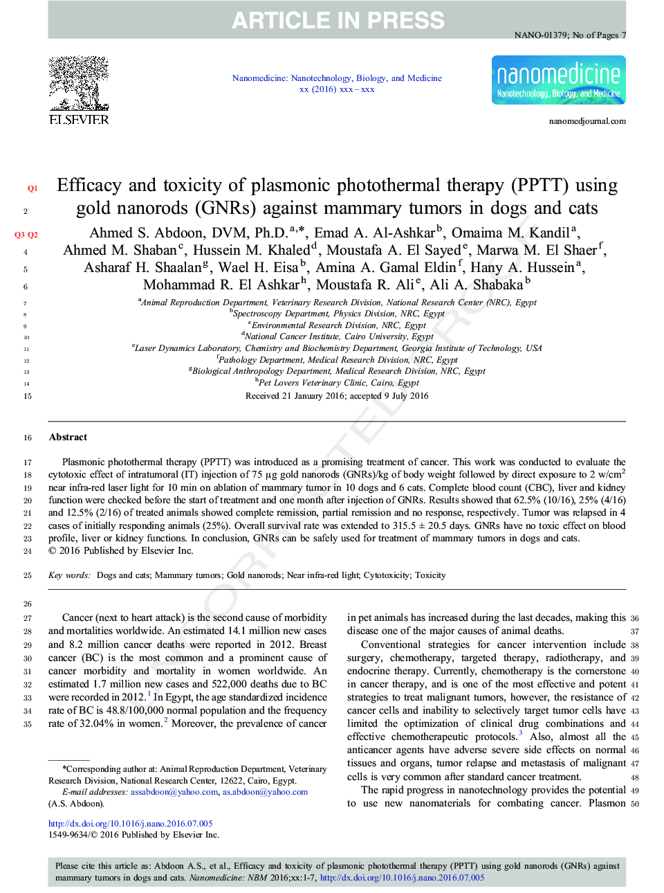 Efficacy and toxicity of plasmonic photothermal therapy (PPTT) using gold nanorods (GNRs) against mammary tumors in dogs and cats