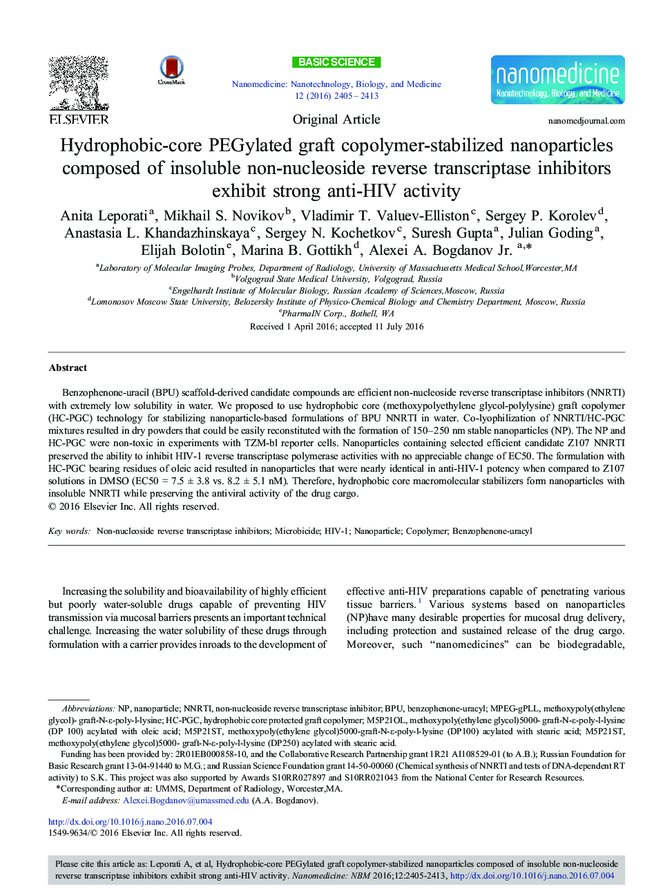 Hydrophobic-core PEGylated graft copolymer-stabilized nanoparticles composed of insoluble non-nucleoside reverse transcriptase inhibitors exhibit strong anti-HIV activity