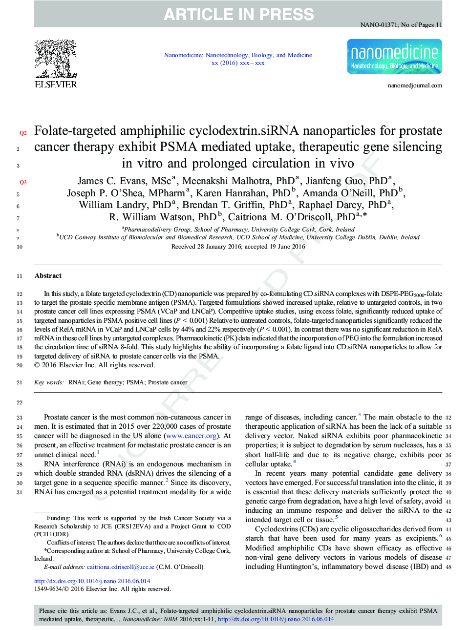 Folate-targeted amphiphilic cyclodextrin.siRNA nanoparticles for prostate cancer therapy exhibit PSMA mediated uptake, therapeutic gene silencing in vitro and prolonged circulation in vivo