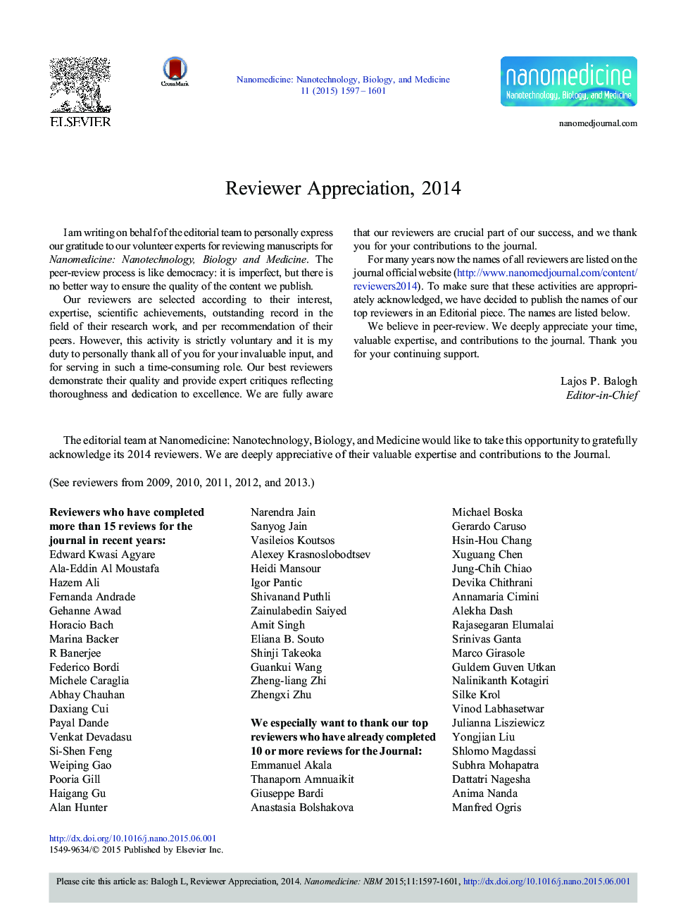 عکس صفحه اول مقاله: Reviewer Appreciation, 2014 Reviewer Appreciation, 2014