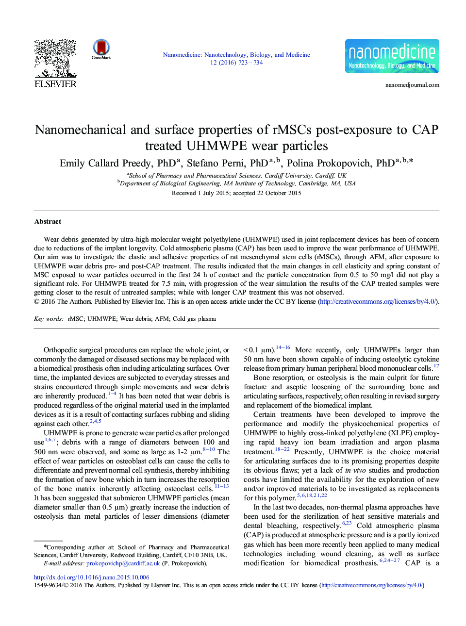 Nanomechanical and surface properties of rMSCs post-exposure to CAP treated UHMWPE wear particles