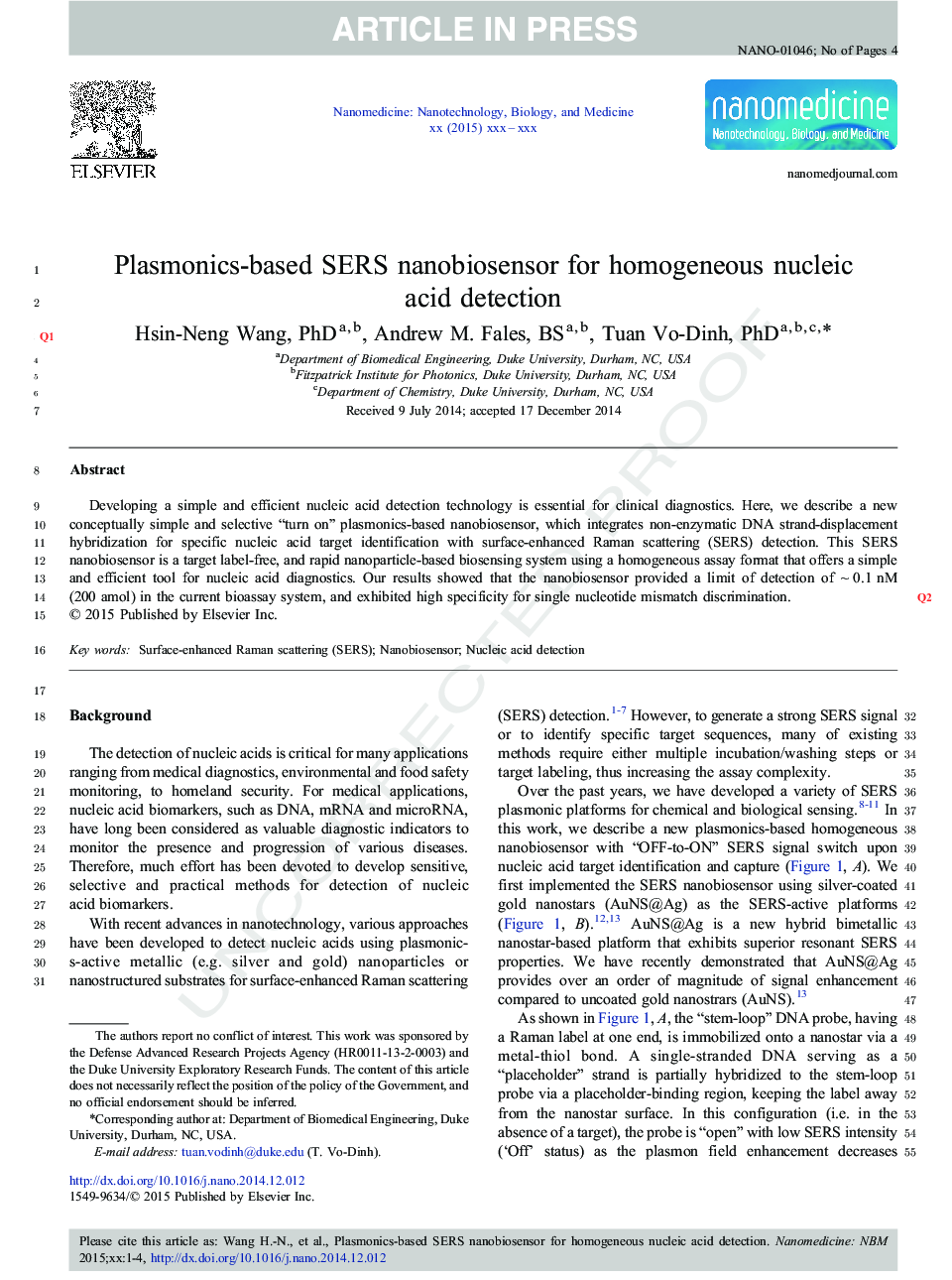 Plasmonics-based SERS nanobiosensor for homogeneous nucleic acid detection