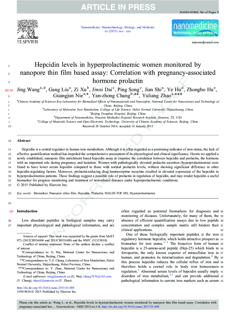 سطوح هپسیدین در زنان هیپرپرولاکتینمی تحت بررسی با استفاده از روش نانوپور نازک بر پایه آزمایش: همبستگی با هورمون پرولاکتین مرتبط با بارداری 