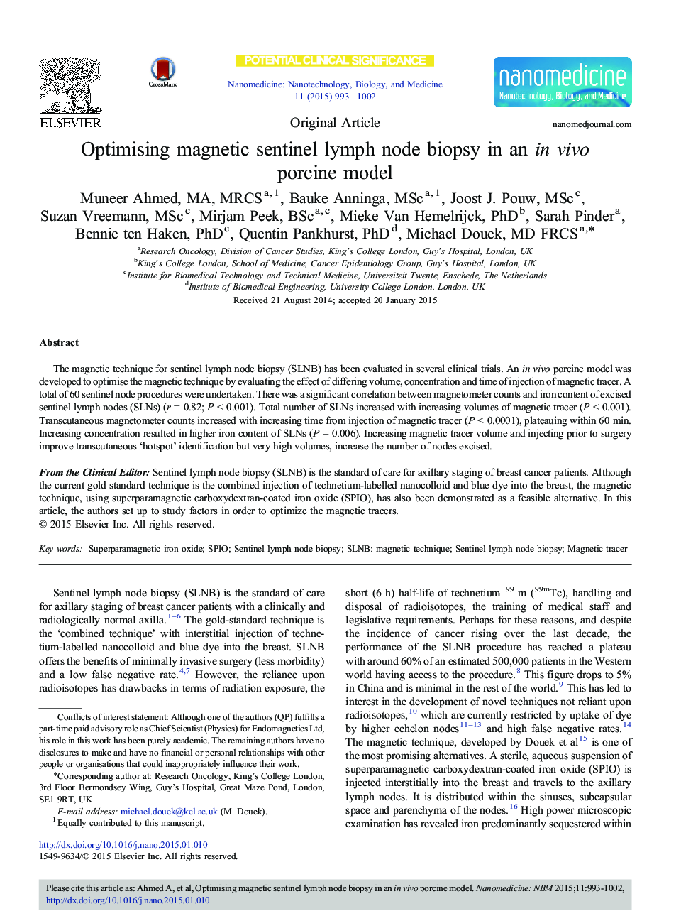 Optimising magnetic sentinel lymph node biopsy in an in vivo porcine model