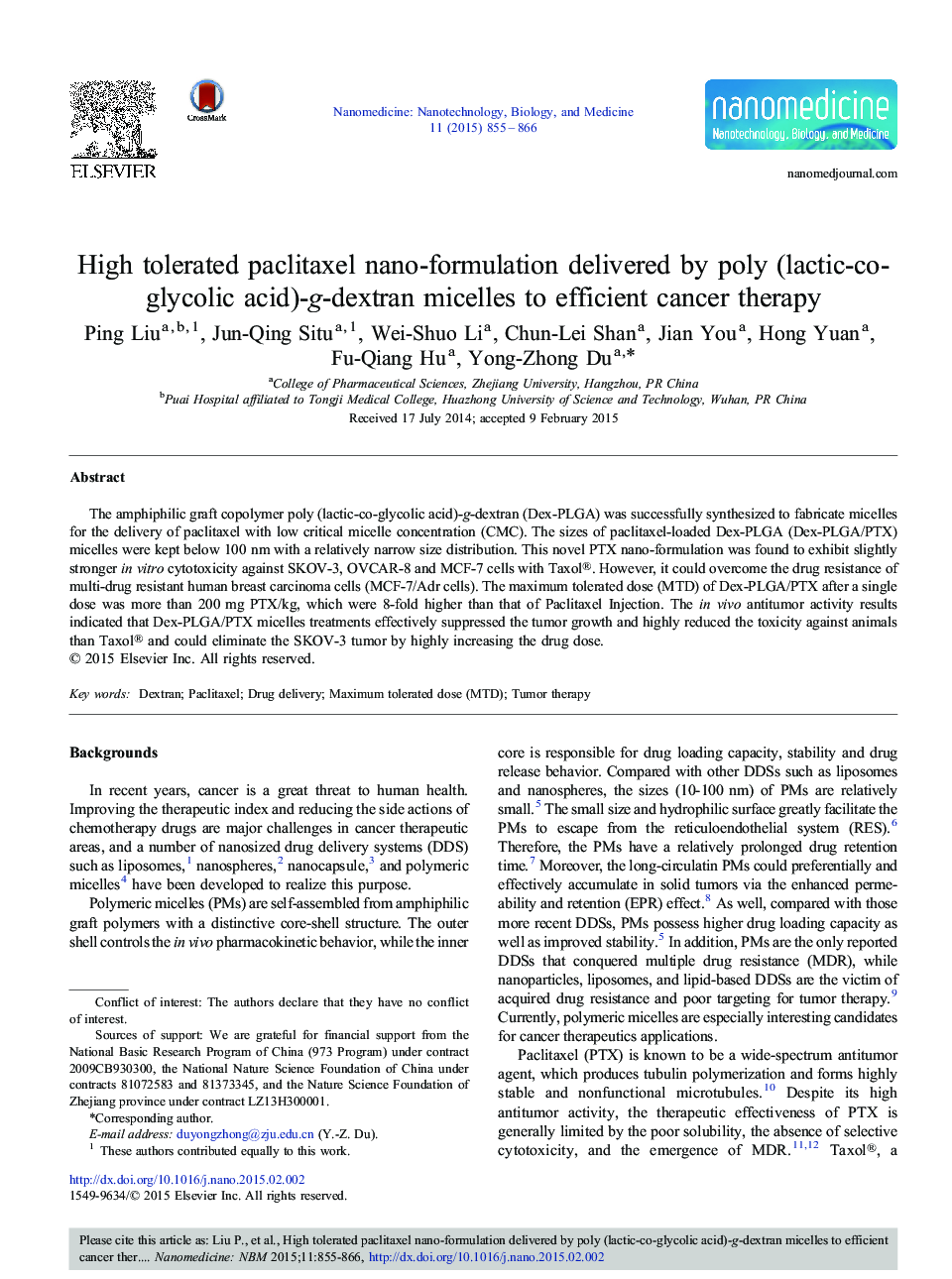 High tolerated paclitaxel nano-formulation delivered by poly (lactic-co-glycolic acid)-g-dextran micelles to efficient cancer therapy