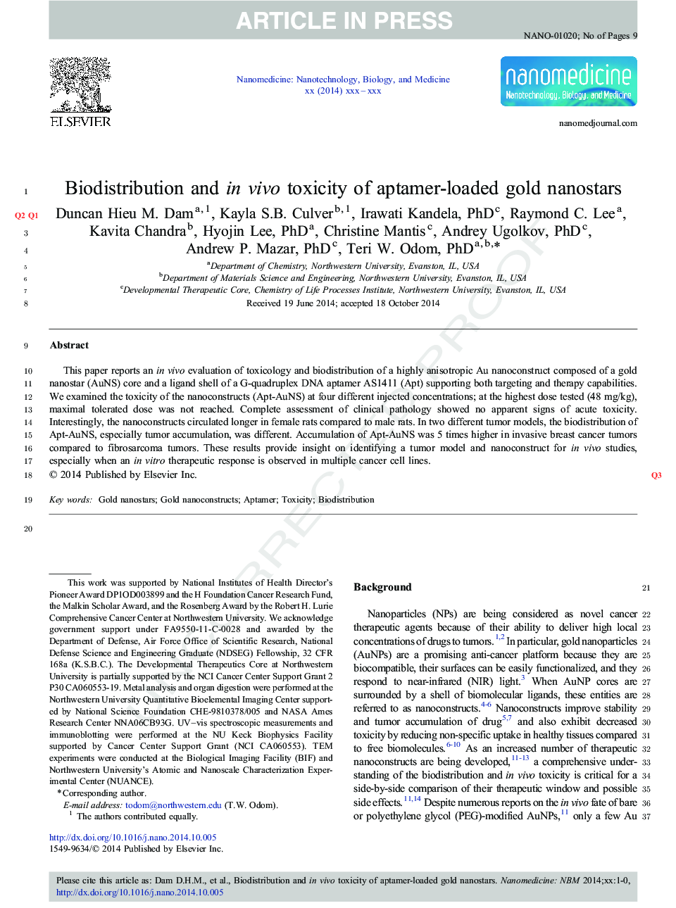 توزیع بیولوژیکی و مسمومیت درون بدن از نانوسارهای طلای طلایی آپتامر 